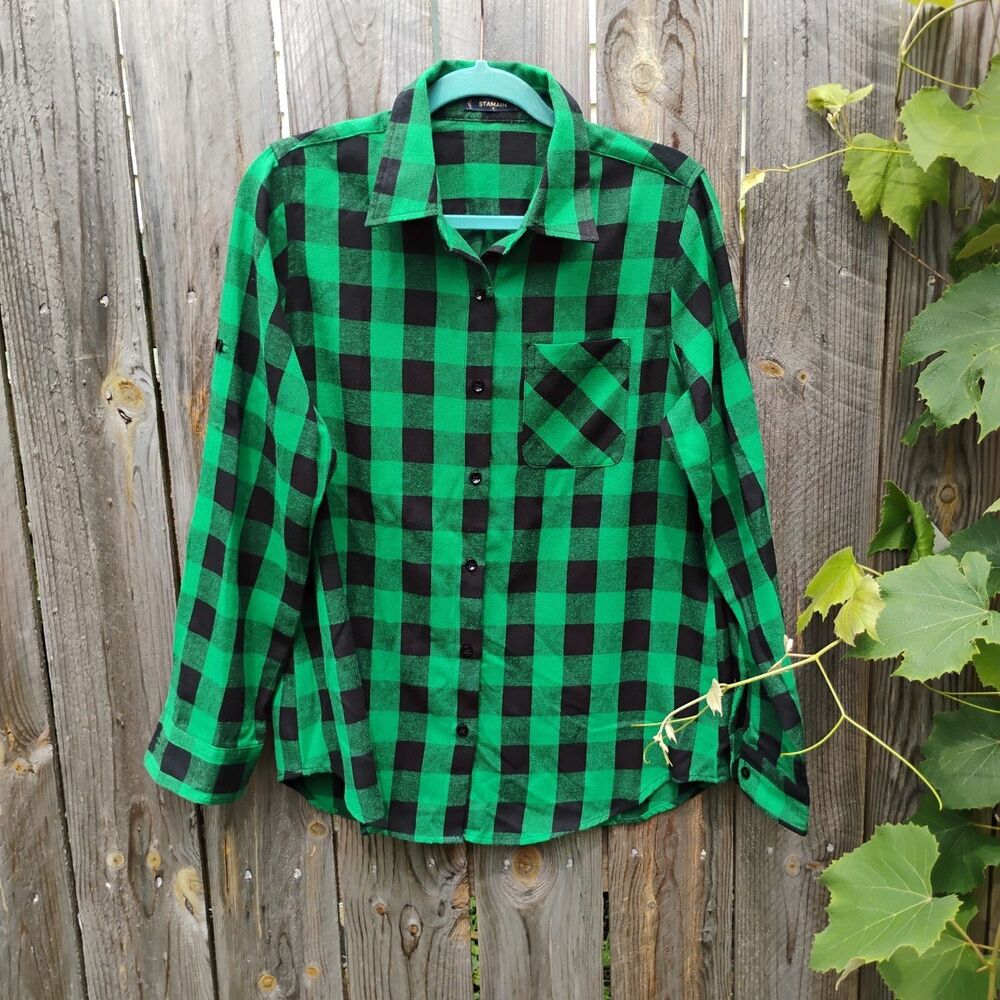 Stamain Green Black Buffalo Check Flannel Button Down Shirt Roll Tab Size Medium